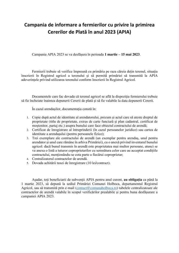 Campania de informare a fermierilor cu privire la primirea Cererilor de Plată în anul 2023 (APIA)